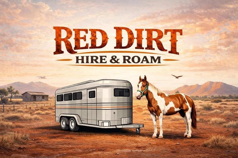 Horse and trailer in a desert with 'Red Dirt Hire &amp; Roam' text.