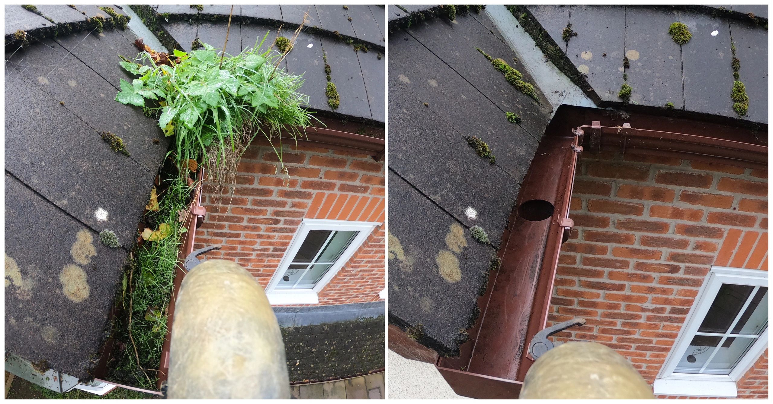 Before and after photos of a cleaned gutter filled with grass and debris.