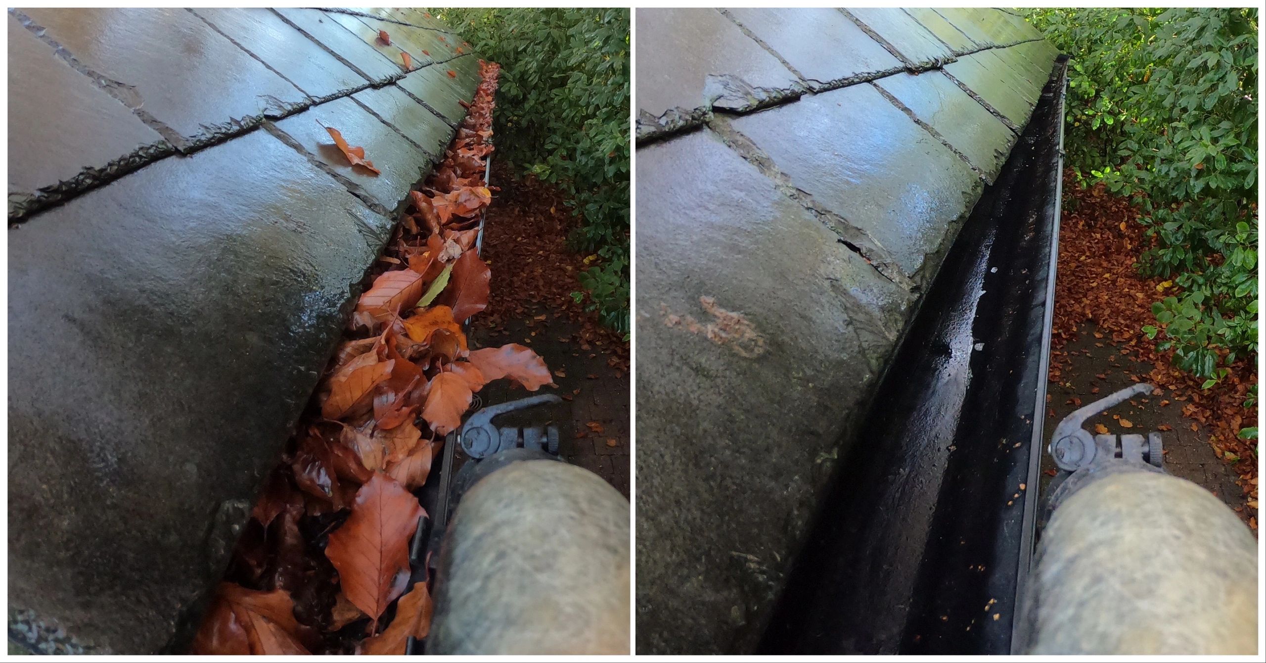 Side-by-side comparison of a gutter filled with dry leaves and the same gutter cleaned and clear.