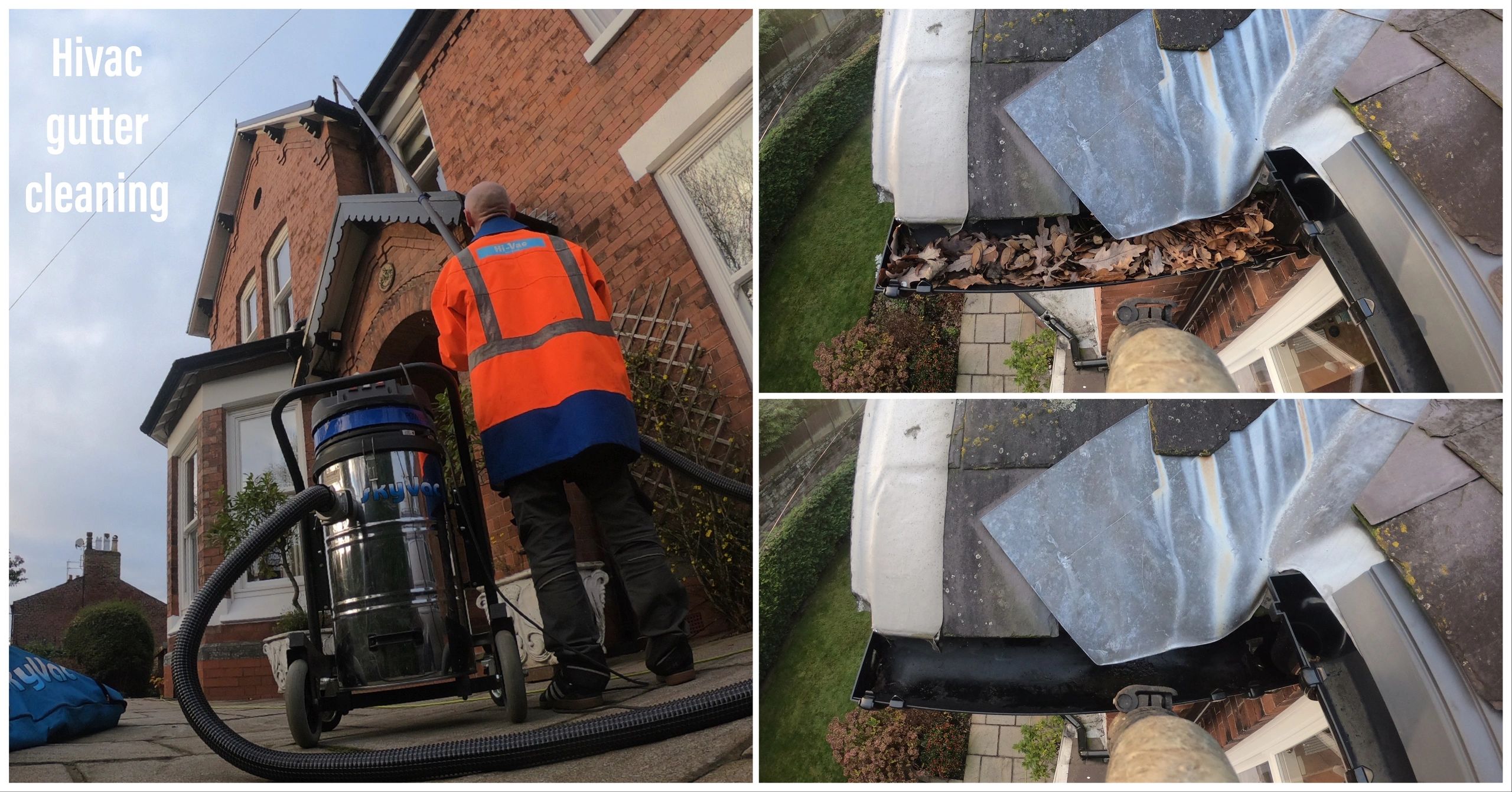 Worker using a HiVac system for gutter cleaning on a brick house.