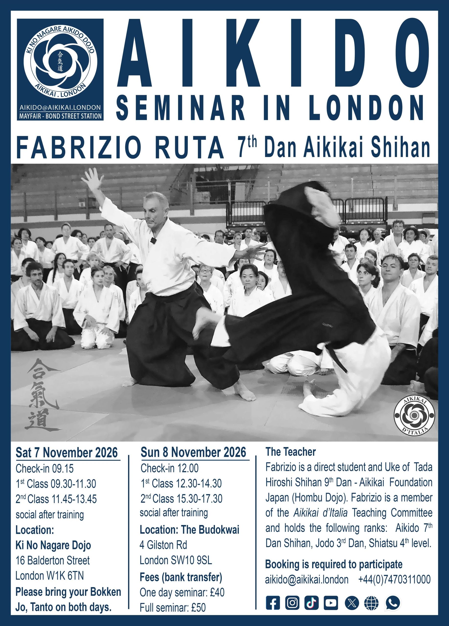 Aikido seminar poster with dates, location, and teacher details.
