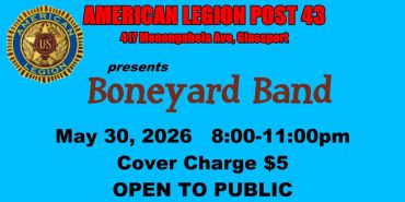 Poster for Boneyard Band event at American Legion Post 43 on May 30, 2026.
