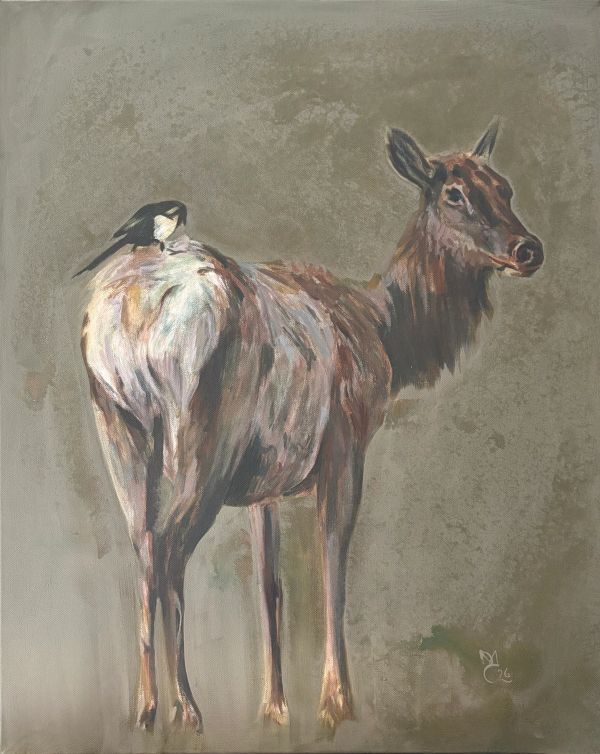 Painting of a deer with a small bird perched on its back against a muted background.