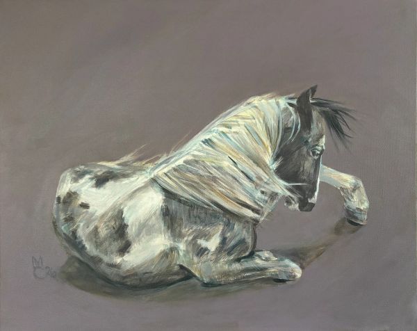 Painting of a resting horse with flowing mane on a muted background.