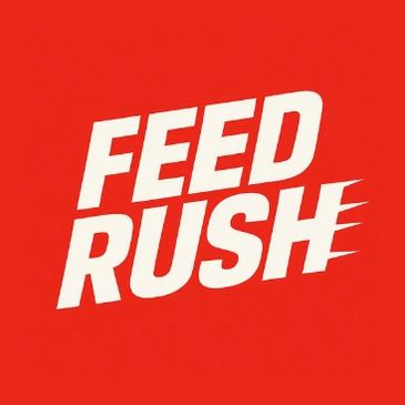 Bold white Feed Rush text on a red background with motion effect.