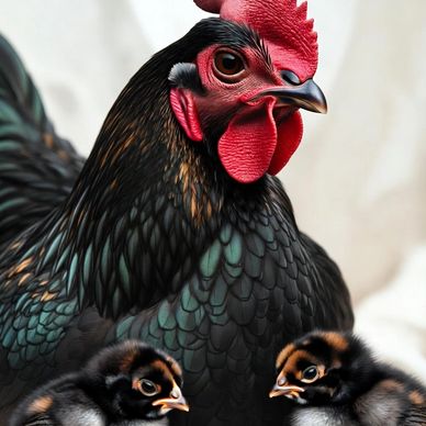A proud black hen with two fluffy chicks.