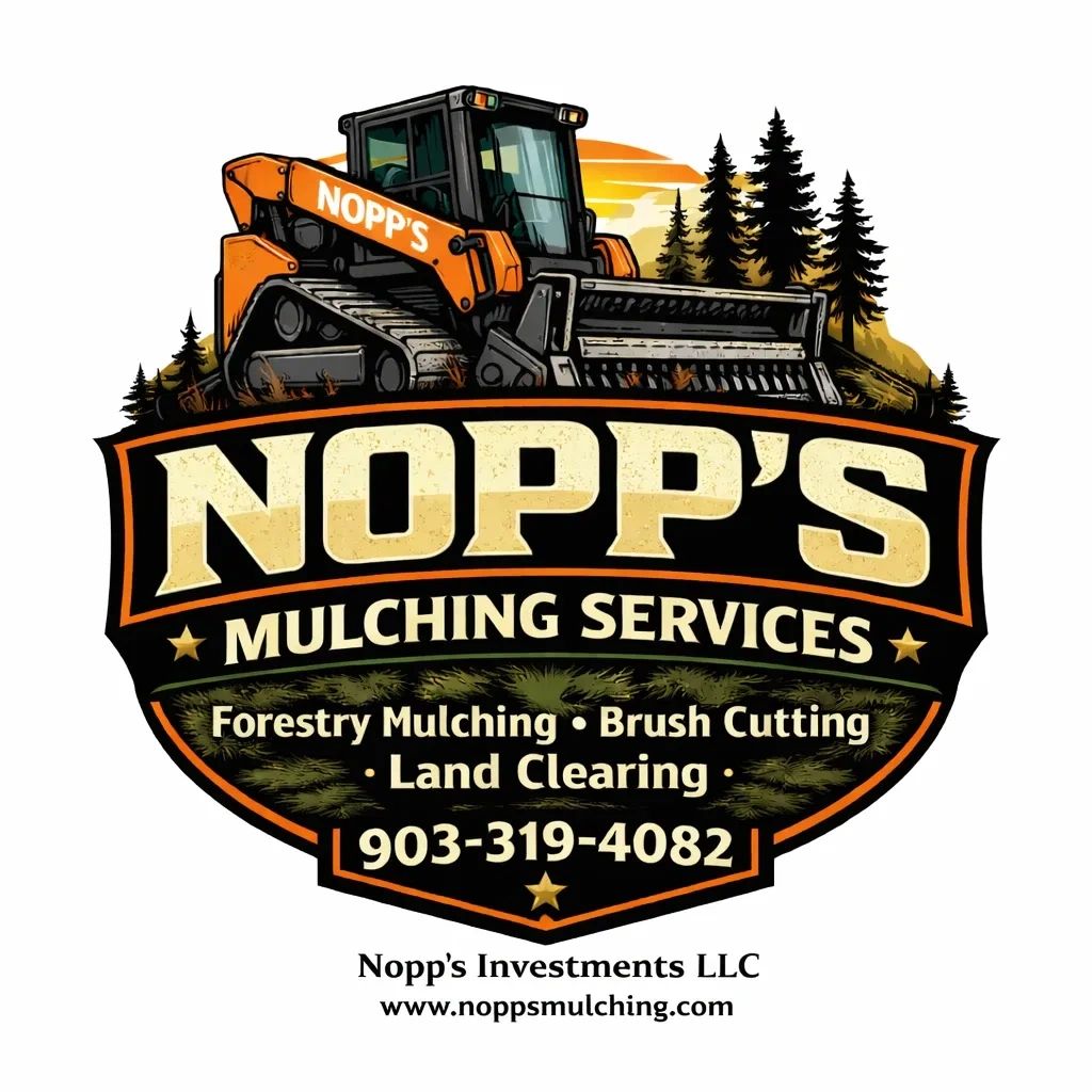 Logo for Nopp's Mulching Services with forestry equipment and contact info.