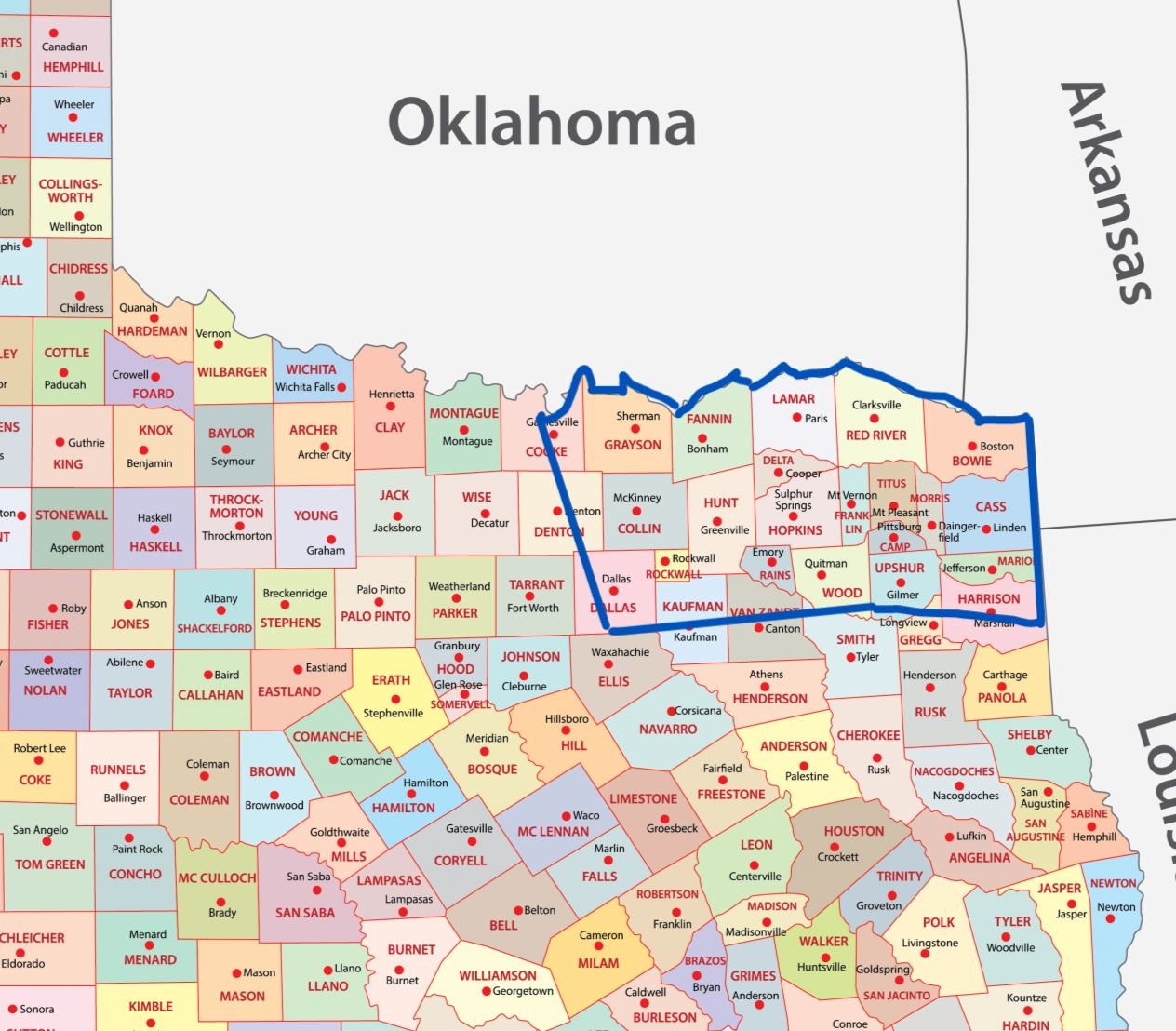 Map highlighting Northeast Texas counties near Oklahoma and Arkansas.