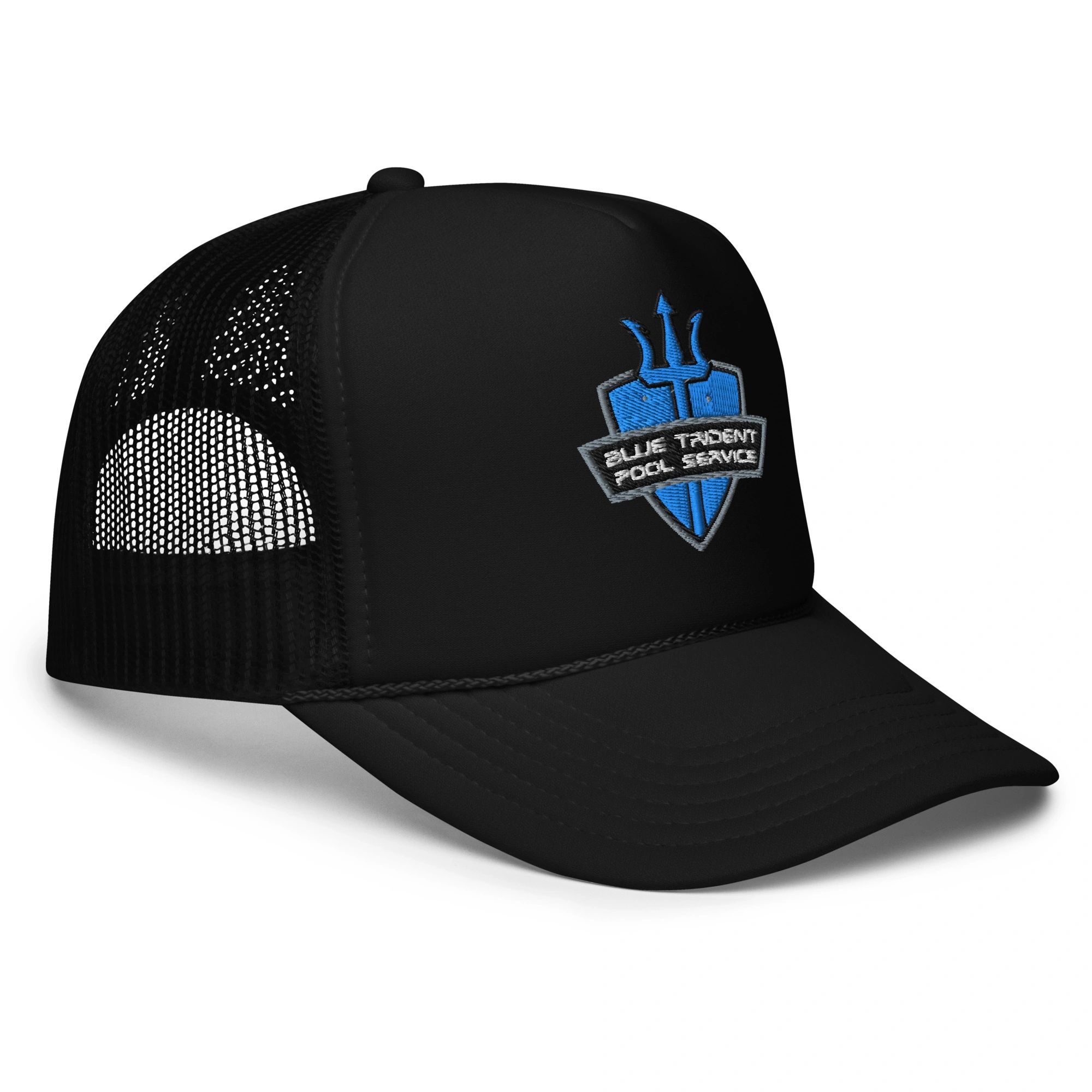 black pool service hat with blue trident pool service logo shop for sale
