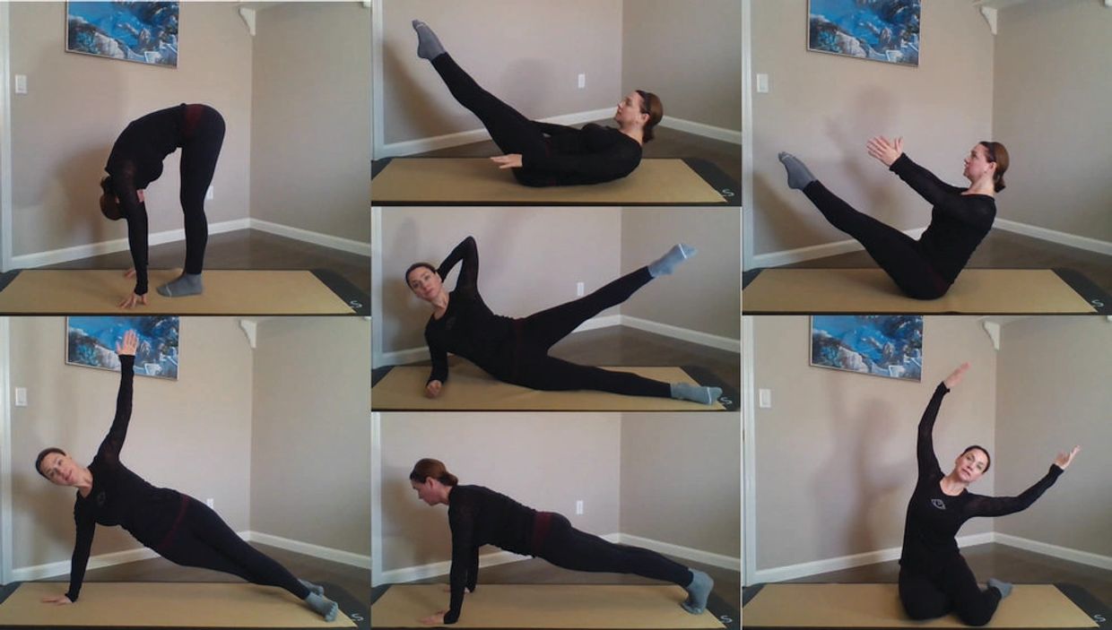 Woman performing various yoga and Pilates exercises indoors on a mat.