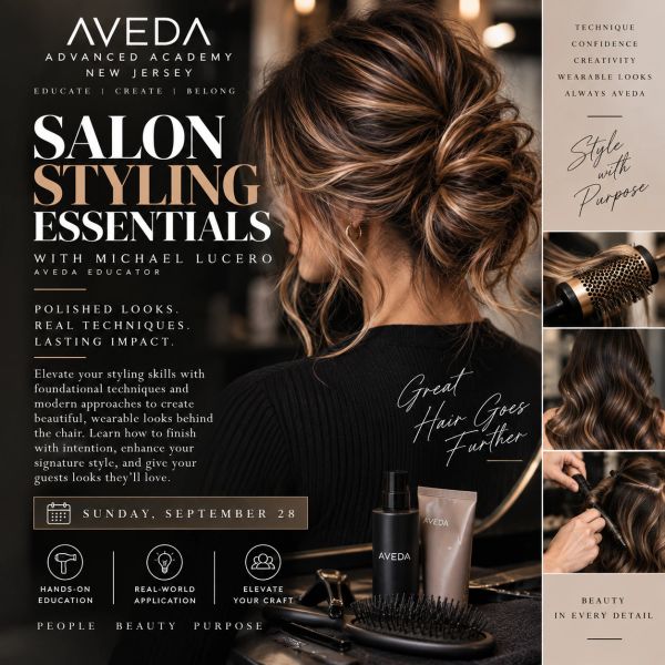 Salon styling essentials workshop by Aveda with hands-on education.