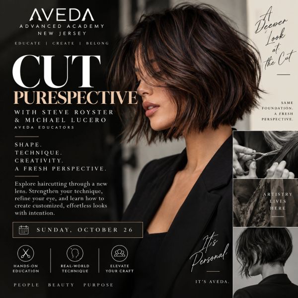 Aveda Advanced Academy hair cutting workshop promotional poster.
