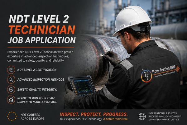 Technician inspecting a pipeline for NDT Level 2 job application advertisement.