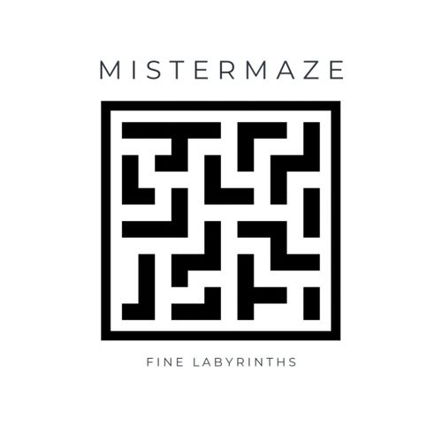 Logo with a black maze and text 'MISTERMAZE' and 'FINE LABYRINTHS'.