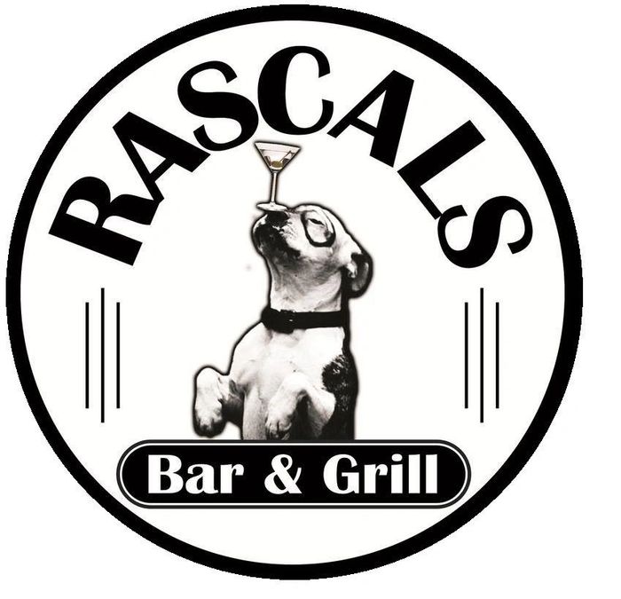 Logo of Rascals Bar & Grill featuring a dog balancing a martini glass.