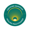 Certified Quantum Healing Practitioner logo with radiant design.