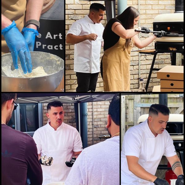 People preparing and baking pizza outdoors in a casual setting.
