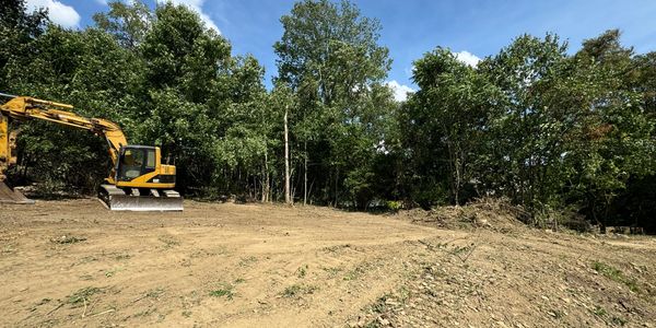 A yellow excavator clearing land near a forest under blue sky.