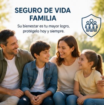 Una familia con 4 integrantes que un texto que indica, seguro de vida familia.