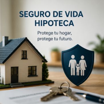 Una casa de fondo y un texto que indica seguro de vida hipoteca, protege tu hogar, proteje tu futuro