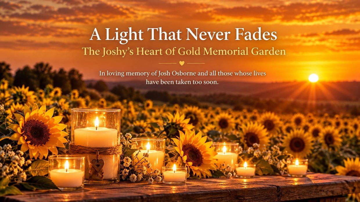 Memorial candles and sunflowers at sunset honoring Josh Osborne.