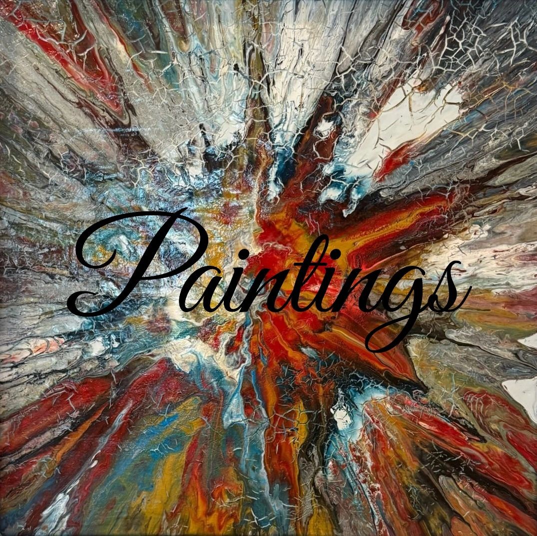 Abstract painting with vibrant, swirling colors and textured cracks.