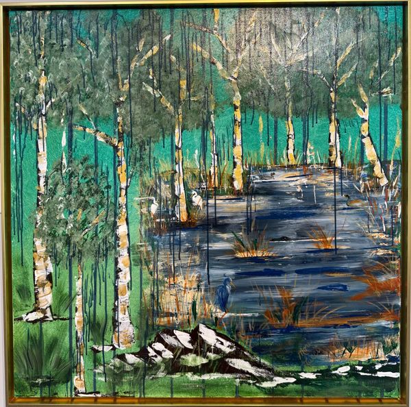 A vibrant painting of a forest with birch trees and a reflective pond.