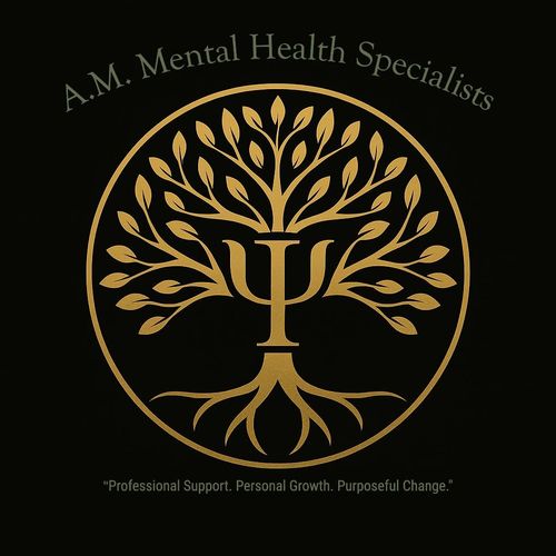 Logo of A.M. Mental Health Specialists with a tree and psi symbol.