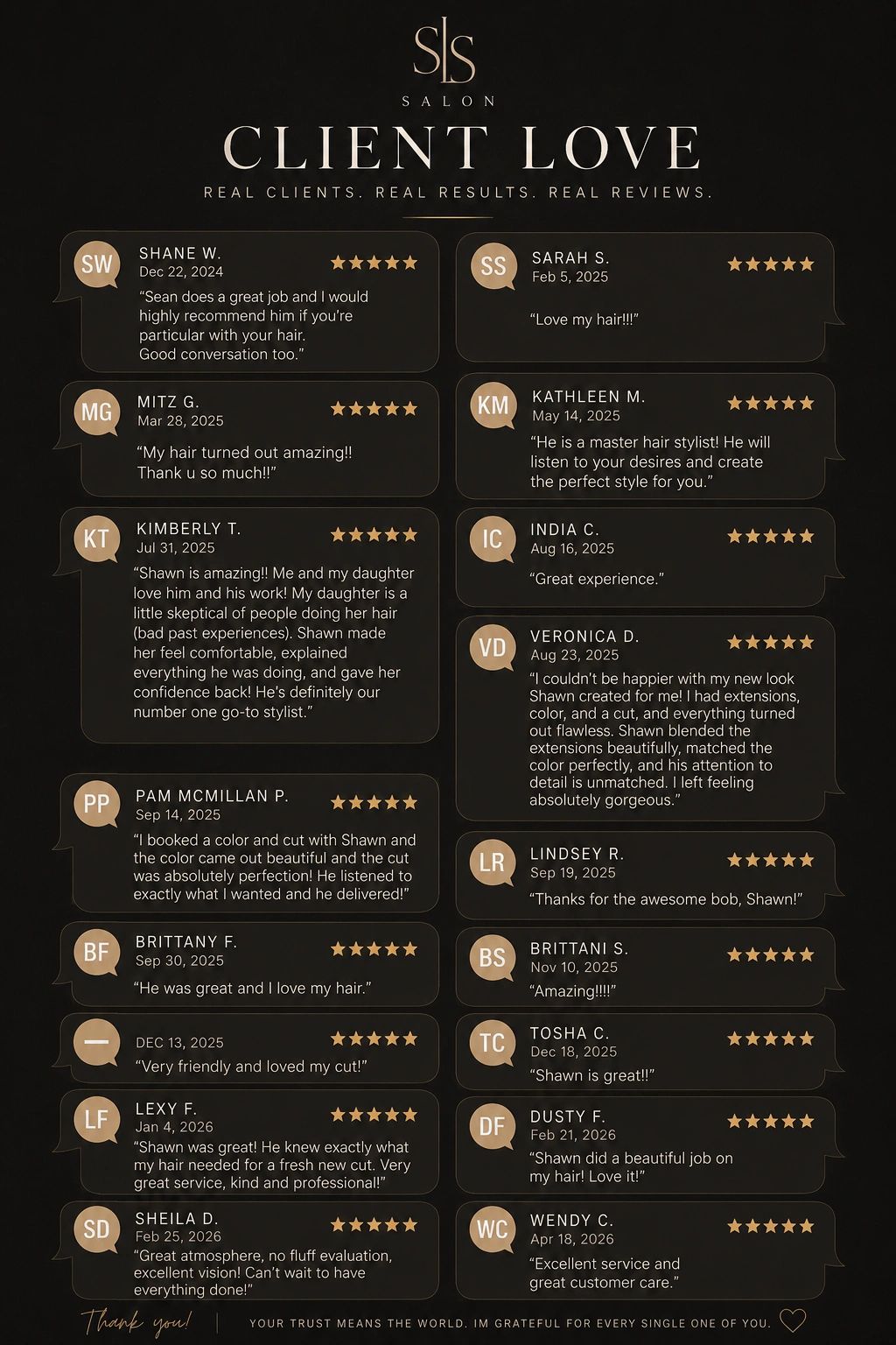 Salon client reviews praising stylist Shawn's excellent hair services and customer care.