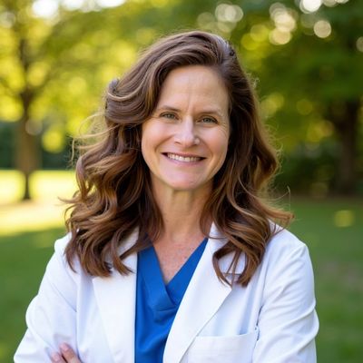 Smiling female doctor outdoors with a white coat and blue scrubs.