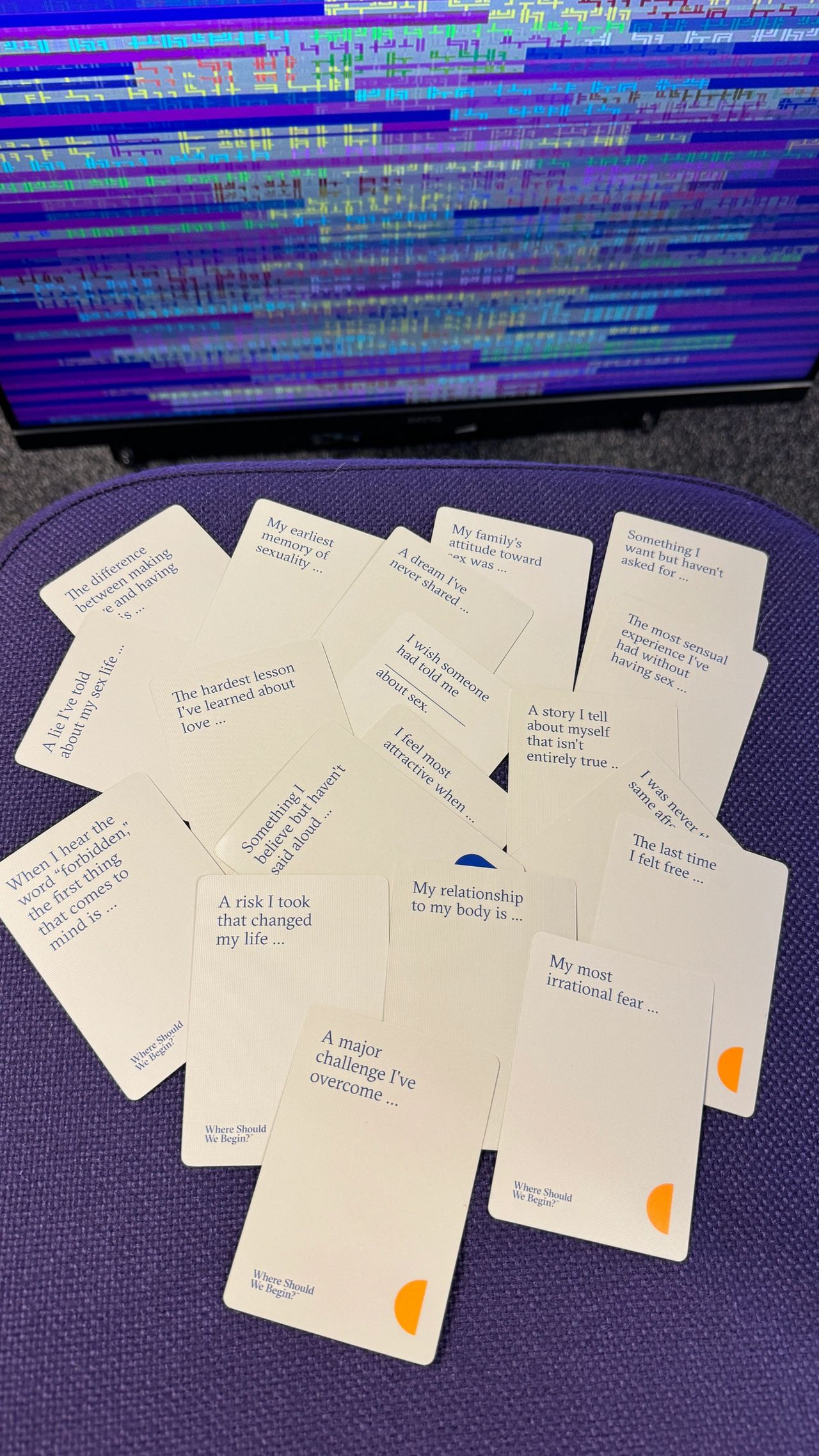 Sample cards we used at the workshop, from Esther Perel's game "Where Should We Begin?" Sample cards we used at the workshop, from Esther Perel's game "Where Should We Begin?"