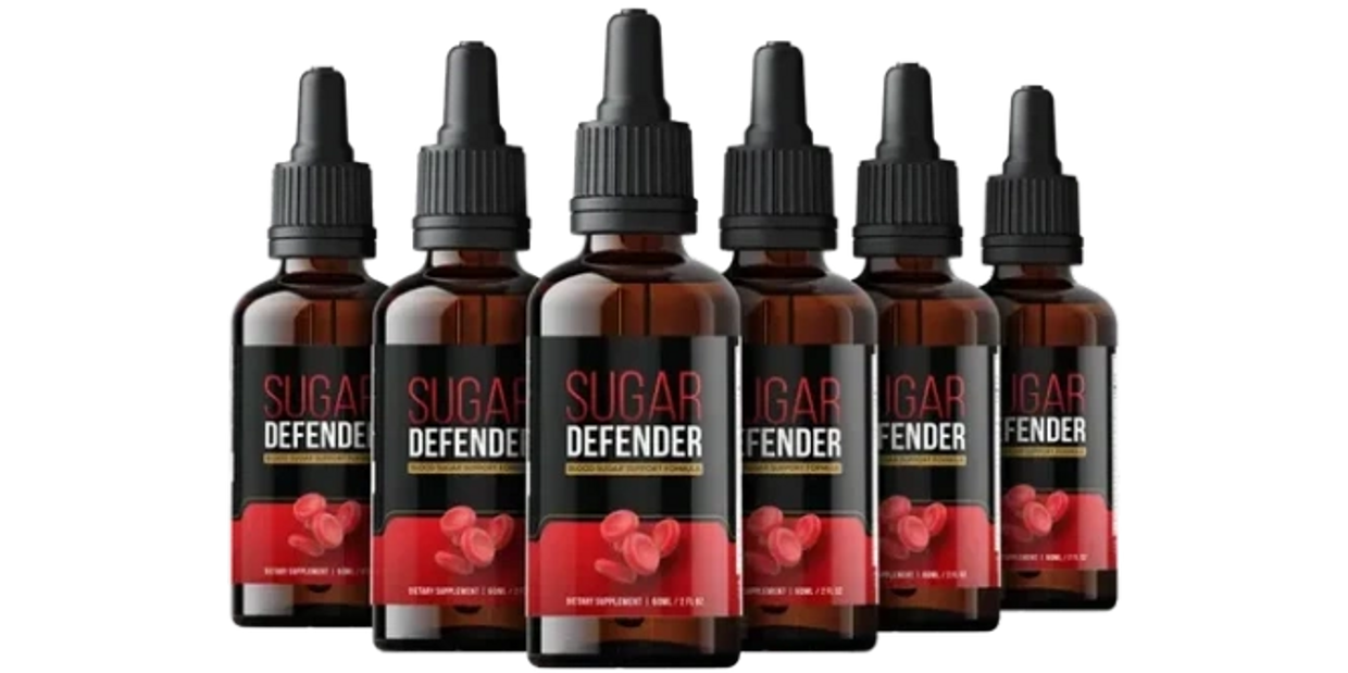 It shows 6 bottles of the product Sugar Defender that promotes healthy blood sugar levels