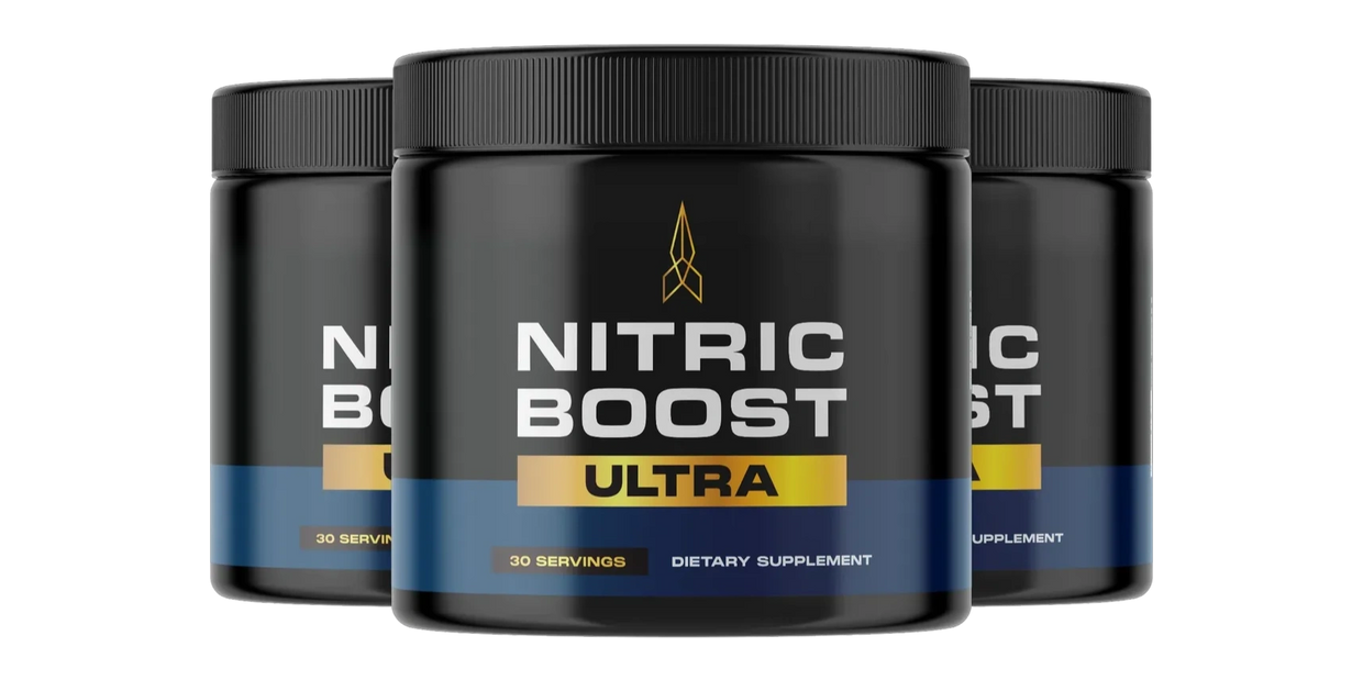 shows an image of 3 containers of Nitric Boost as it is labeled, packaged and shipped to customers.