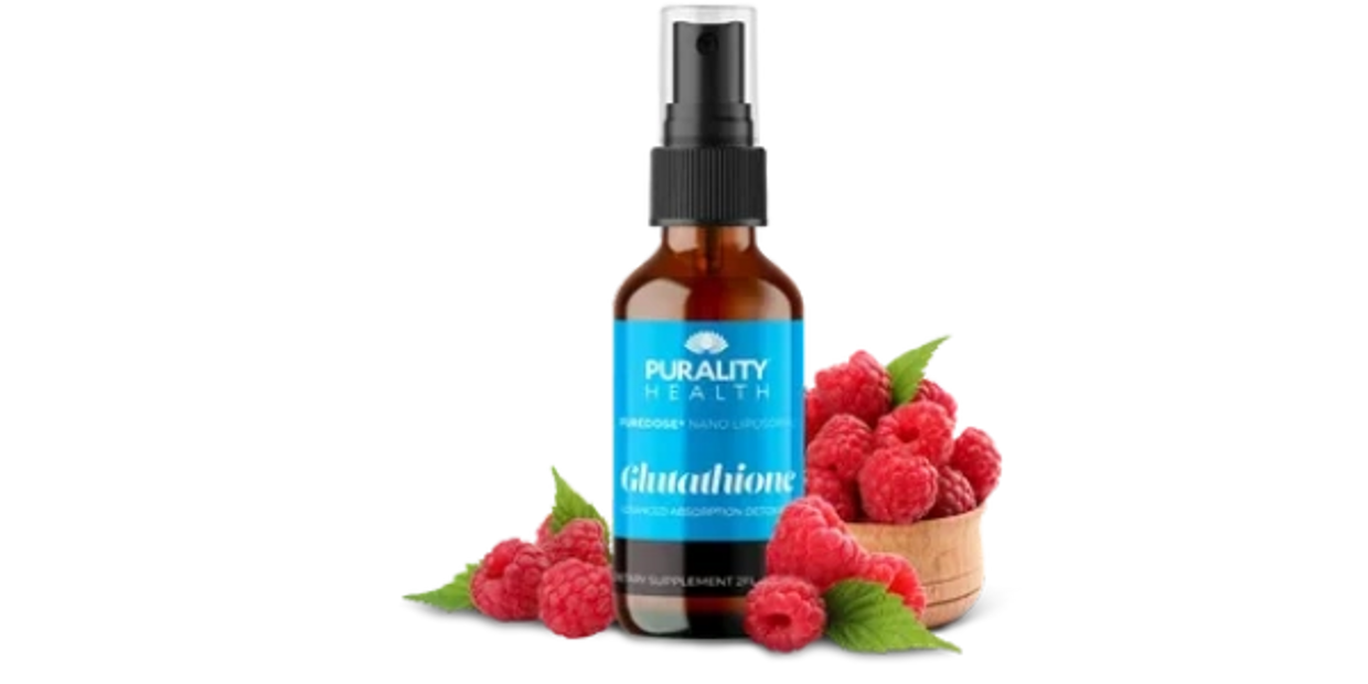 shows an image of a bottle of glutathione, with raspberries surrounding it to give it decor.