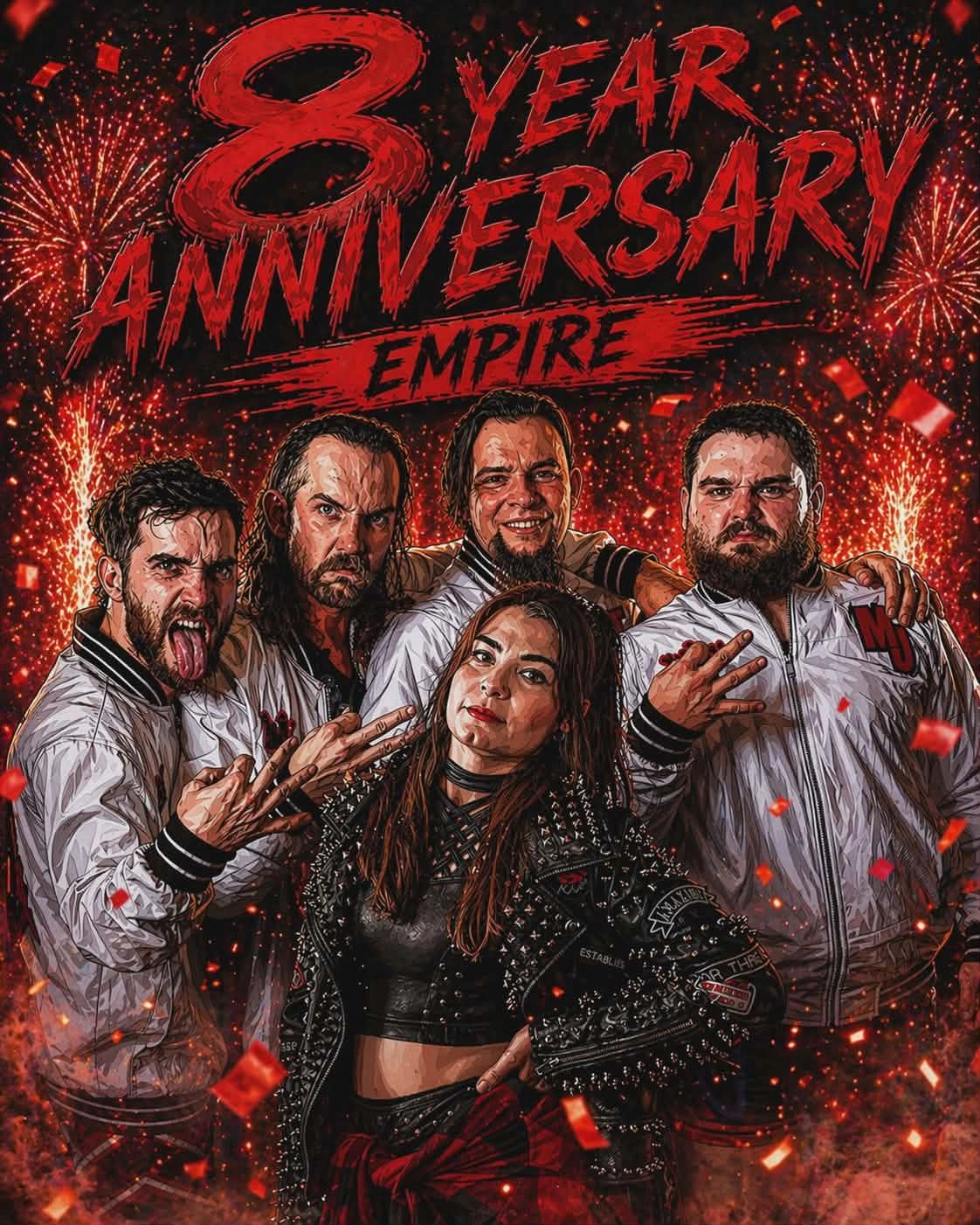 Group celebrating 8-year anniversary of Empire with fireworks and bold poses.