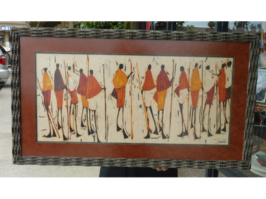 African-style painting of elongated figures in traditional attire with spears.