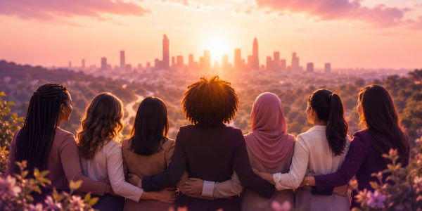 Diverse women embracing as they watch a city sunset together.