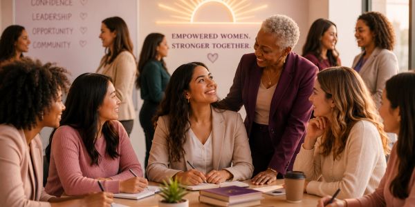 Women collaborating and smiling in an empowering meeting.