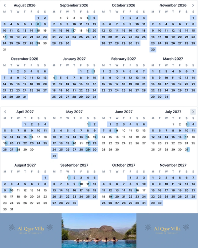 Vacation resort booking calendar highlighting available dates from August 2026 to November 2027.