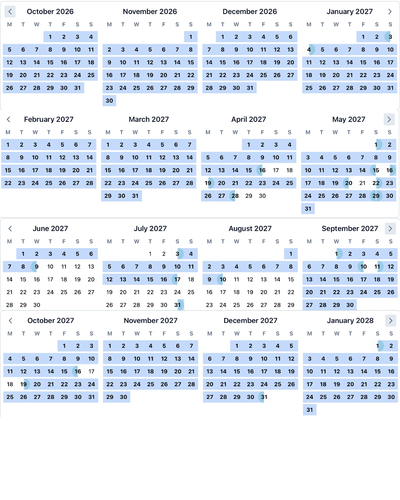 Vacation resort booking calendar highlighting available dates from August 2026 to November 2027.