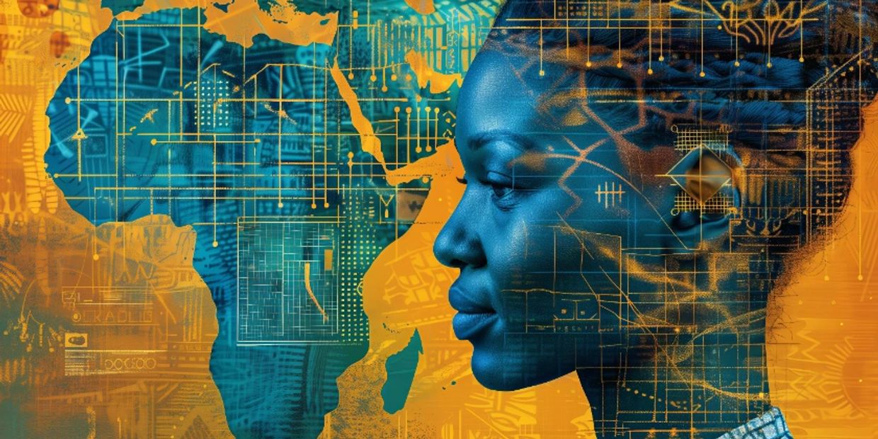 Profile of a Black woman with African map and circuitry patterns.