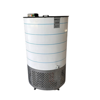 White cylindrical industrial machine with a metal base and control panel on top.