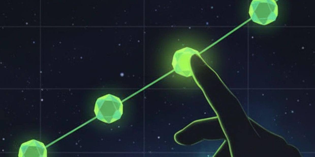 Hand points at ascending green gems connected by a line in a starry sky with a Lime hammer.