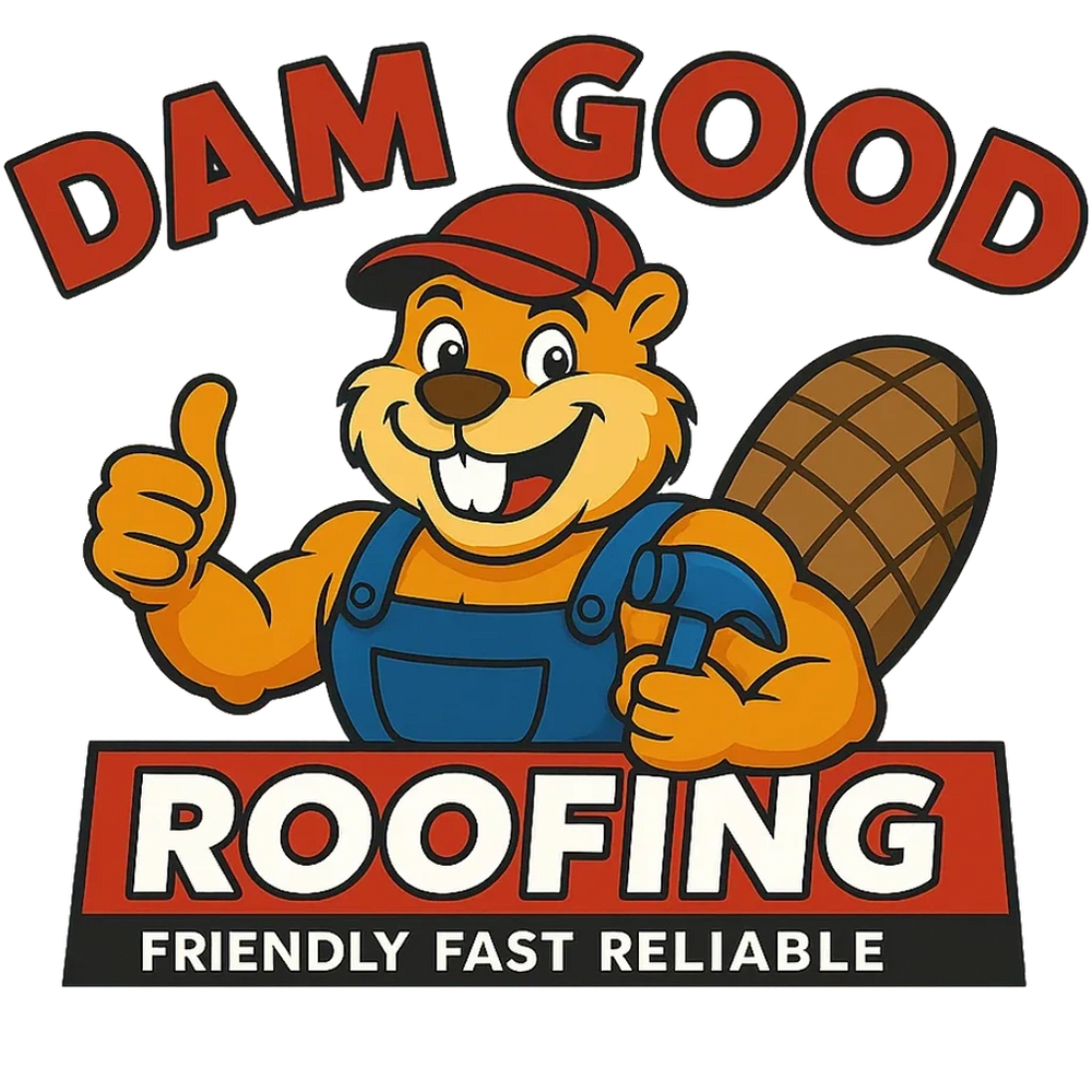 A beaver mascot giving thumbs up for Dam Good Roofing with contact info.