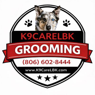 Logo for K9CareLBK Grooming with a dog's head and contact info.