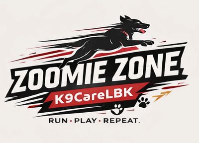Logo of Zoomie Zone with a running dog and tagline.