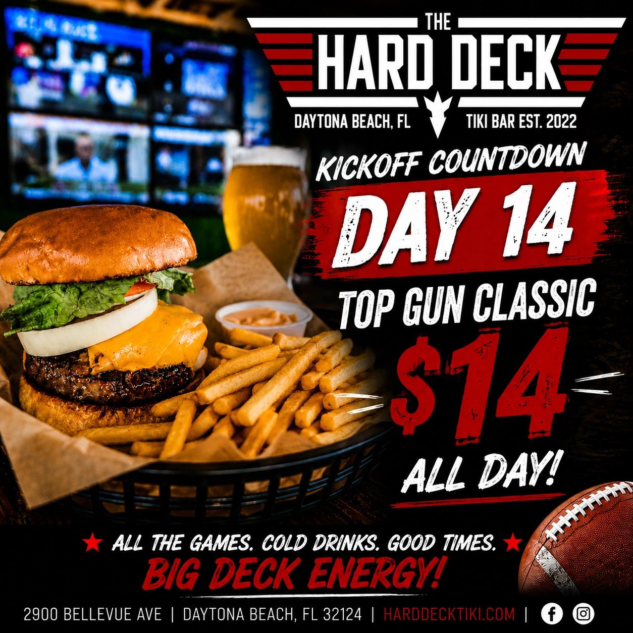 Burger, fries, and beer special for Top Gun Classic at The Hard Deck.