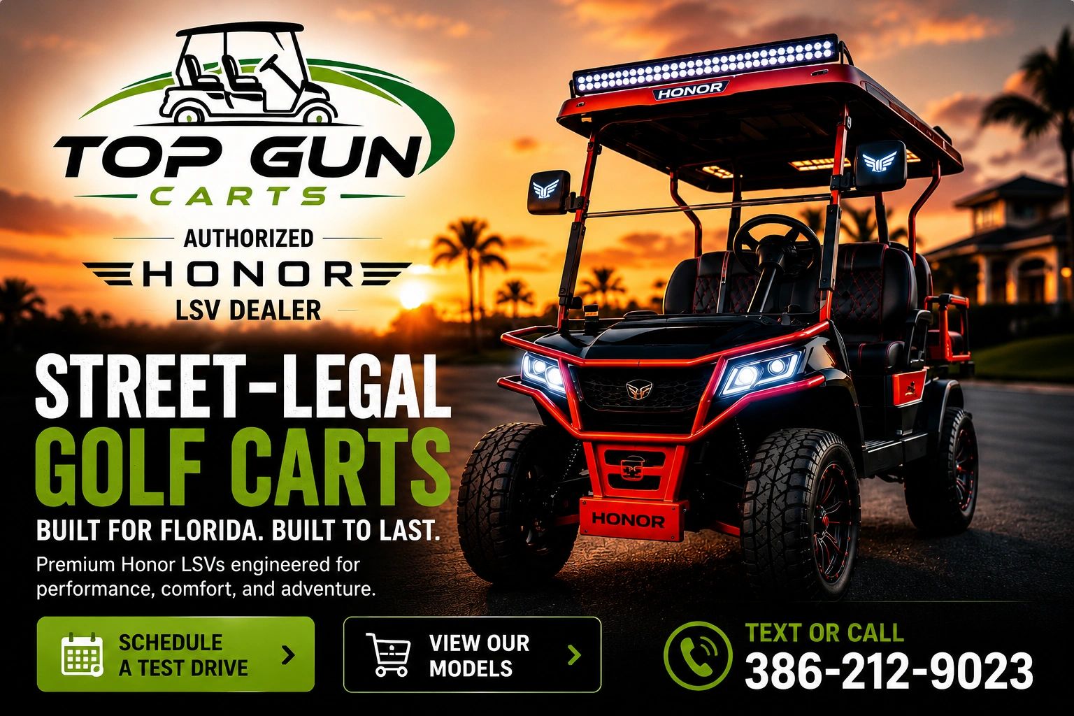 Street-legal golf carts by Top Gun Carts with test drive and model viewing options.