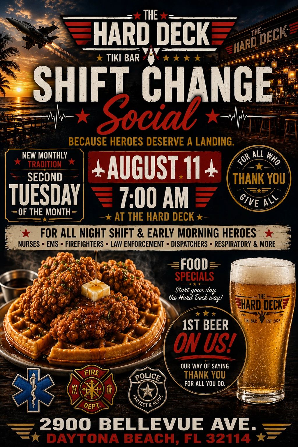 Shift change social event at The Hard Deck Tiki Bar for night shift heroes.
