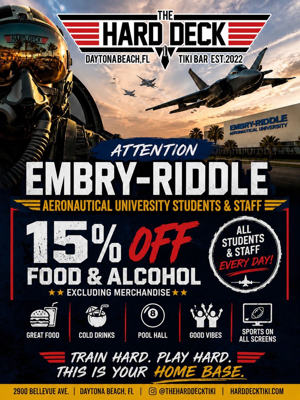 15% off food &amp; alcohol for Embry-Riddle Aeronautical University students and staff.